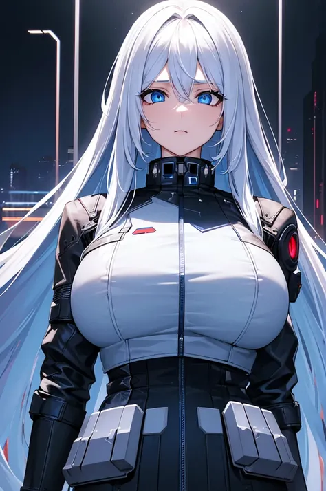 a girl with long white hair and beautiful detailed blue eyes, cyberpunk outfit, staring upwards, plain white background, (best quality,4k,8k,highres,masterpiece:1.2),ultra-detailed, cyborg,advanced technology,futuristic,