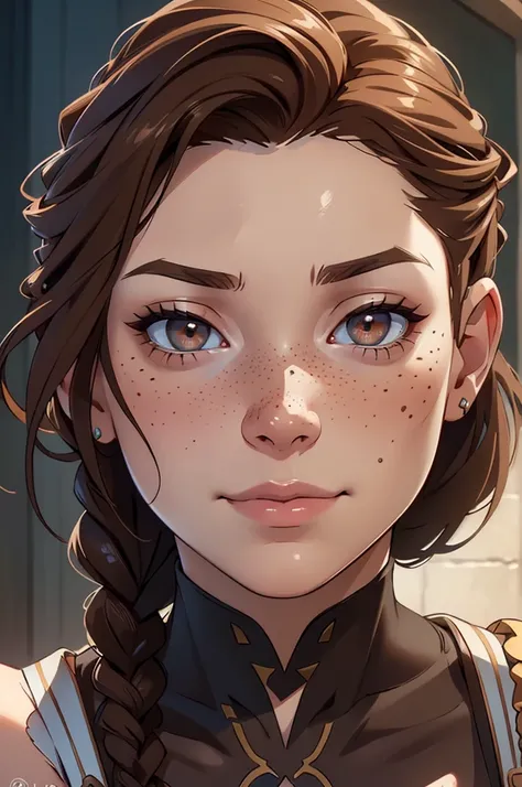 a beautiful girl with sharp eyes, freckles, and a smirk, with braided brown hair, holding blood, (best quality,4k,8k,highres,masterpiece:1.2),ultra-detailed,(realistic,photorealistic,photo-realistic:1.37),expressive eyes,perfect face