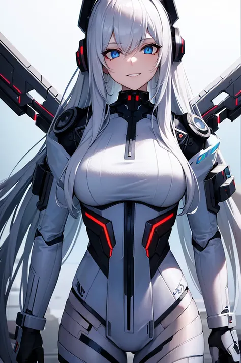  girl with long white hair and beautiful detailed blue eyes, cyberpunk outfit, staring upwards, plain white background, (best quality,4k,8k,highres,masterpiece:1.2),ultra-detailed, cyborg,advanced technology,futuristic, sinister smile