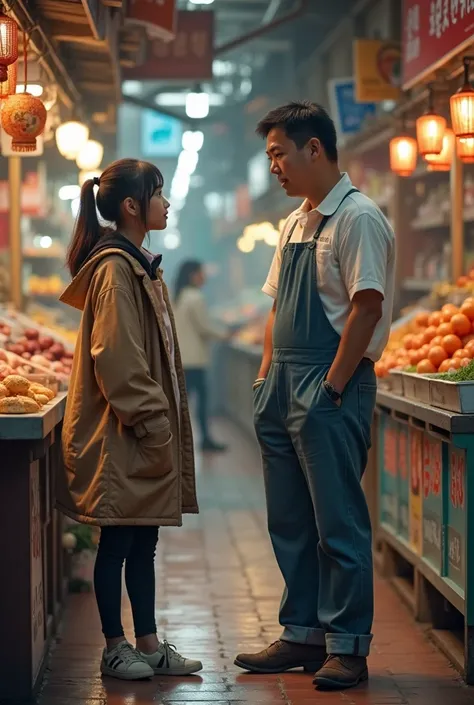 A Korean girl arguing with her Korean father inside a market next to a boy who works at the market