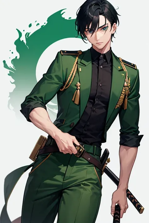 man in his 30s Asian slim complexion muscles open military uniform green vest military print green pants black hair blue black eyes dark skin tattoo holding a katana