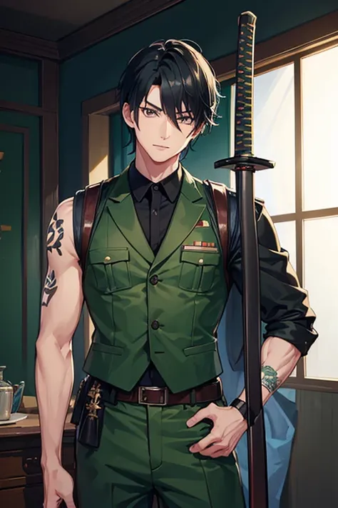 man in his 30s Asian slim complexion muscles open military uniform green vest military print green pants black hair blue black eyes dark skin tattoo holding a katana