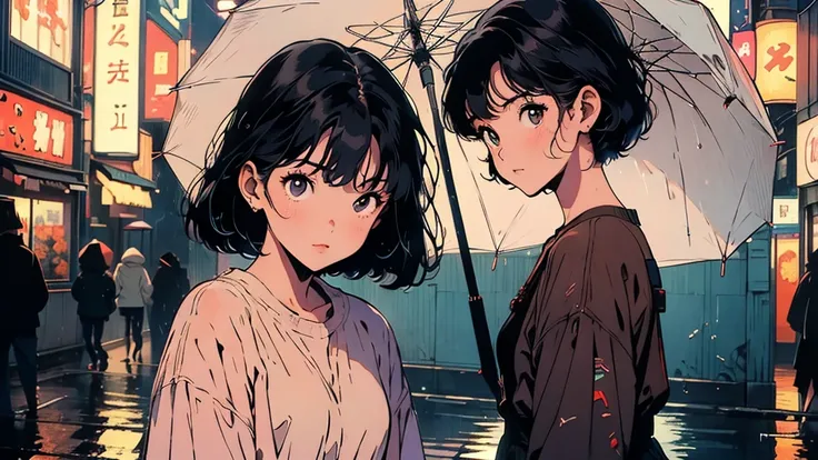 masterpiece, Highest quality, A girl walking down a rainy Tokyo street, short hair,holding an umbrella, with neon signs reflecting on the wet pavement, lyco art, a manga drawing, by Satoshi Kon, lofi hip hop, wlop : :, ukiyo, ukiyo-style, yukito kishiro.