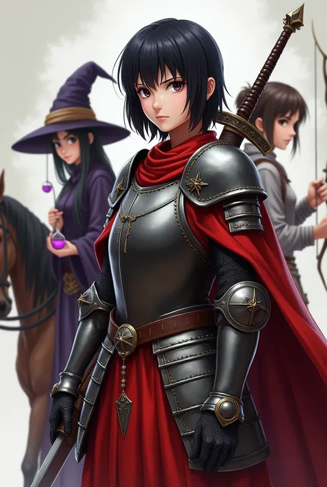  3 characters with Mikasa in the center, mikasa with short black hair wearing armor in a medieval era , full armor appearing to be a man but being a woman,holding a sword and shield on his back ,red tone clothes.with a sorceress and an archer at his side. ...