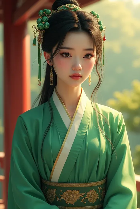 ((full body)), samdoesarts style award winning full body portrait of a beautiful woman, ((perfect feminine face)),((Ancient Chinese Green Clothes)), ((green peking Opera costumes)), (Long sleeves) Gazebo, Complex, (Beautiful Detail Eyes, elongated eyebrows...