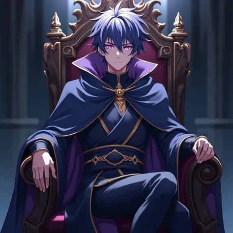 Male anime character sitting on a throne with lots of shadows, princely robes with lots of galaxy-like sparkle in his eyes 