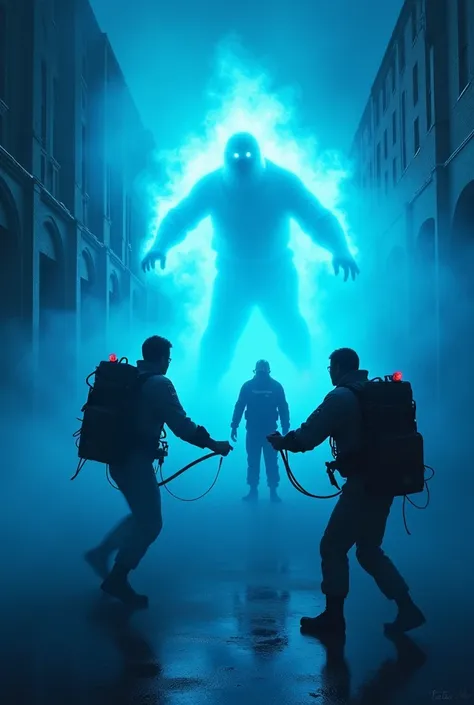 Ghostbusters en cine azul con fantasmas 