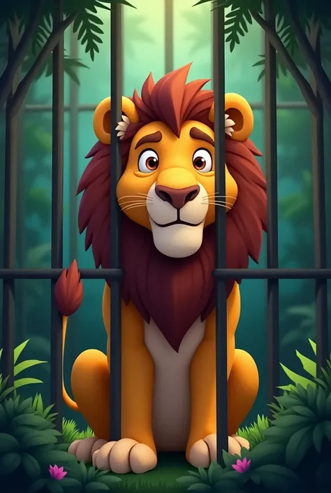 Create me a horizontal animated image about a lion locked in a cage in the jungle 