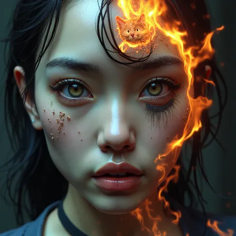 front side of a asian woman, mullet hair,wear navy torn pajamas , creates and destroys hands, one eye shedding tears of beauty and light, the other crying flames that incinerate and consume, representing the dual forces of creation and destruction. Setting...