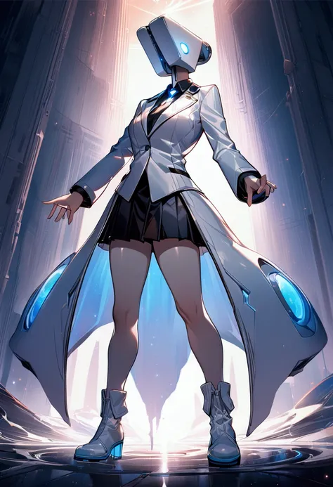 ((Artwork, 8K, bright lighting)), 1 girl, phone head, wearing white female suit, black skirt, two boots.