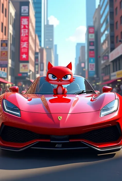 A red grt car with Gumball sitting on the hood
