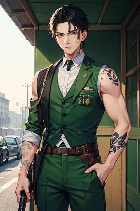 man in his 30s Asian slim complexion muscles open military uniform green vest military print green pants black hair blue black eyes dark skin tattoo holding a katana