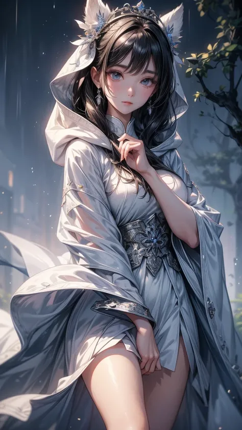 Vividly drawn, ultra-detailed trendy anime character from South Korea, a mysterious woman with a hooded modern white coat adorned with elegant buttons and a flowing white cloak. She wears strikingly high white over-the-knee heels and pristine white gloves....