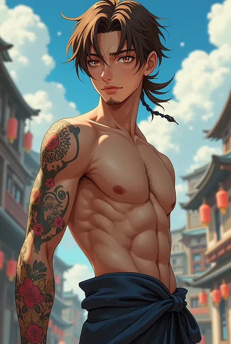 Anime style character, thin, brown hair and eyes, beard and tattoo on one arm 