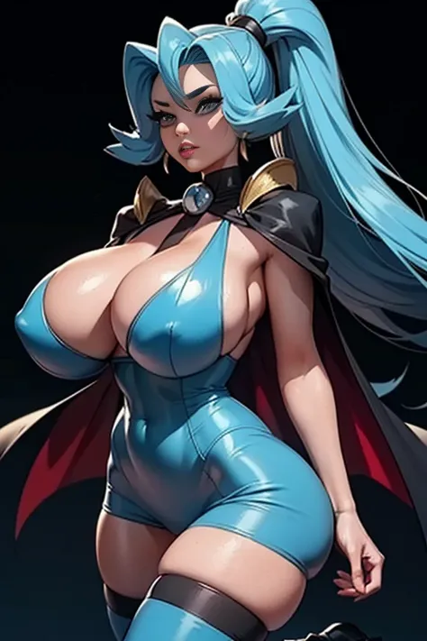 Generate an illustration of a mature Clair, gym leader of pokemon,  ponytail, holding a poke all,  de terno preto, long hair, hair flows straight down, darkblue hair, (gigantic breasts:1.4), blue outfit in anime format with a serious style, (black cape), b...