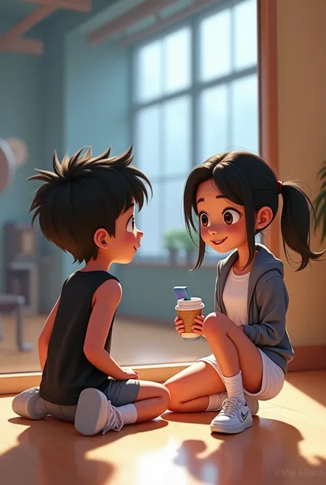 Pixar style image, where a girl appears sitting on the floor in white shorts, white Nike tennis shoes, long white socks, gray jacket with coffee, and with an iPhone cell phone with a blue case, On the left side a boy with a black sleeveless shirt, pants gr...