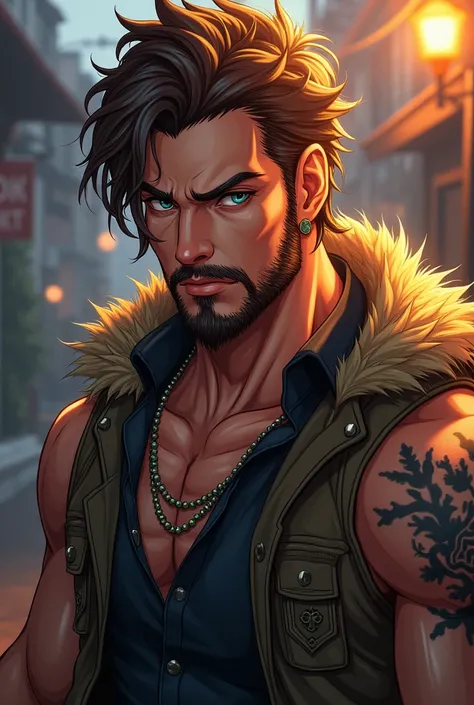 Anime style character with brown hair and eyes, beard and tattoo on one arm 