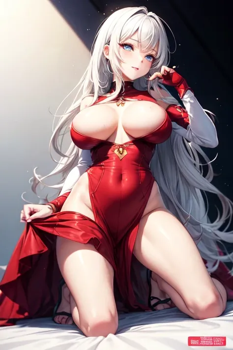 *Title* 
Dreaming of you
*bottom*
A black background
*Characters*
Character 1 - Female - 22 years old - White skin tone - White hair color - Blue eye color - Flirty clothes, a red dress that reveals just a little of her large breasts, the dress shows most ...