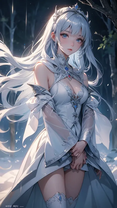 Vividly drawn, ultra-detailed trendy anime character from South Korea, a mysterious woman with a hooded modern white coat adorned with elegant buttons and a flowing white cloak. She wears strikingly high white over-the-knee heels and pristine white gloves....