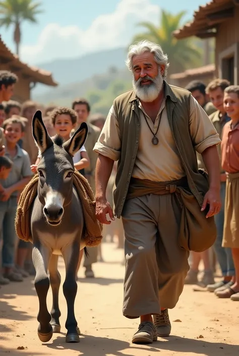 Father and 13 year old son walking along with a donkey and four people around laughing at and pointing with finger at them