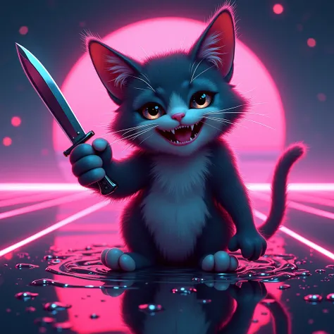 THE MEME message "seaart infinity", action-packed grin smile cat with knife in hand, reflecting in glowneon edge, glowing, sparks horizon, detailed mirroring horizon reflecting polychromic space, straight lines, winning award digital art, highly detailed, ...