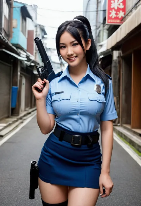 Female model,20 years old,Japanese ethnic group,tipe tubuh tebal berbig breasts,tattooed white skin,big breasts,big ass thick thighs,facing a seductive smile,Black hair color,ponytail hair type,blue eye color,mini skirt police costume,holding a gun,full bo...