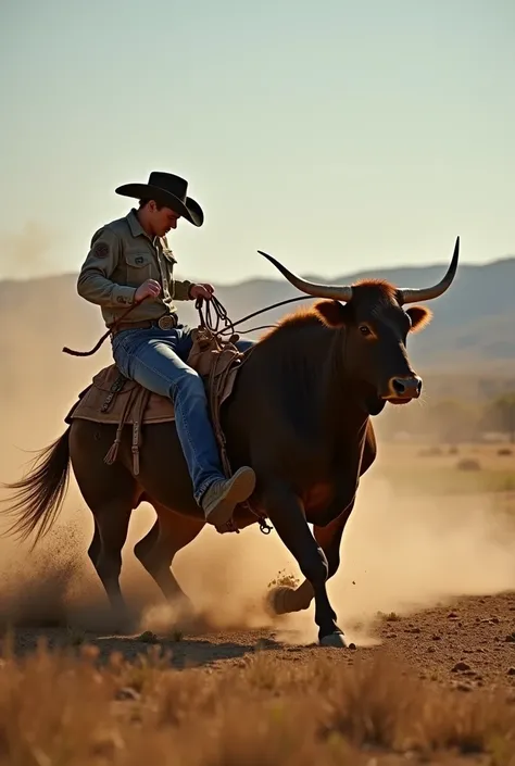 a bull attacking the cowboy