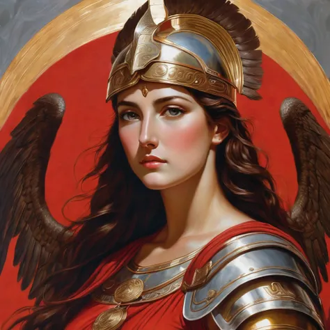 A classic painting of the warrior goddess Athena, a divine woman with brown hair and gray eyes, your face emanating nobility. She is wearing red armor and a Greek helmet., lying face down in angel pose and barefoot with feet up, Appearing