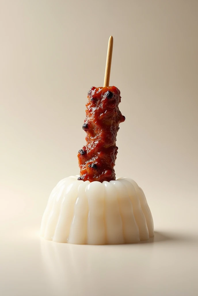 A meat skewer coming out of a white tapioca 
