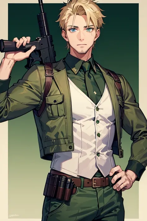 man in his 30s, American, slim build, open muscles, military uniform, green vest, military print, green pants, blonde hair, military cut, blue eyes, skin, tattoo, holding a gun