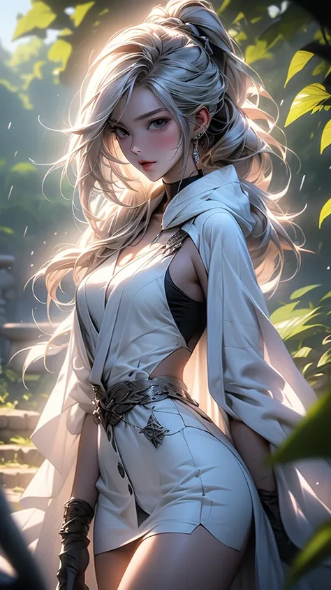 Vividly drawn, ultra-detailed trendy anime character from South Korea, a mysterious woman with a hooded modern white coat adorned with elegant buttons and a flowing white cloak. She wears strikingly high white over-the-knee heels and pristine white gloves....