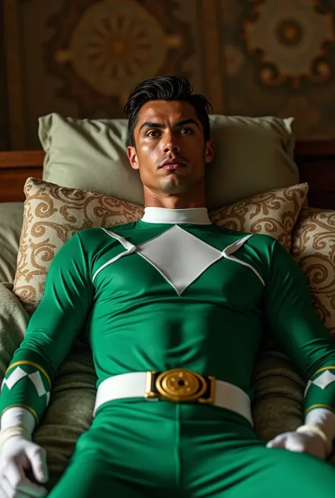 Cr7, traje green ranger mighty morphin (without helmet), lying on a bed, tied, big lump