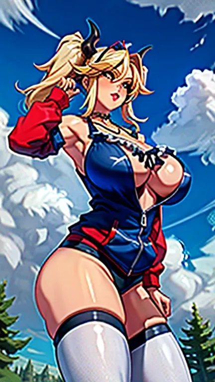 1girl, (solo:1.2), (masterpiece:1.2), (best quality:1.2), (perfect anatomy:1.4), (perfect female anatomy:1.2), (confident:1.2), (huge breasts:1.2), (cowboy shot:1.3)
eu03, curvy, soft shading, exaggerated proportions, hmcoco, twintails, streaked hair, horn...