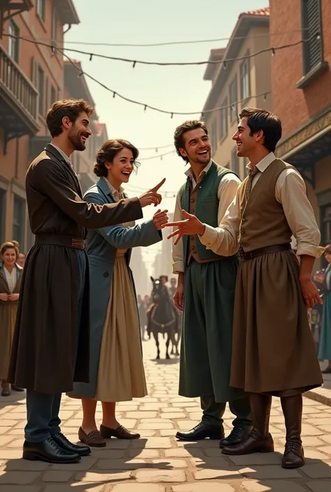 Four people are laughing and pointing in the street in olden times