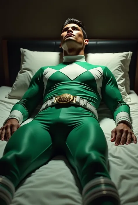 Cr7, traje green ranger mighty morphin (without helmet), lying on a bed, tied, big lump