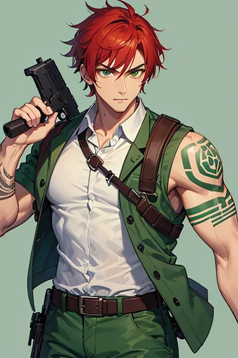 man in his 30s, Mexican, slim build, open muscles, military uniform, green vest, military print, green pants, red hair, military cut, green eyes, skin, tattoo, holding a gun