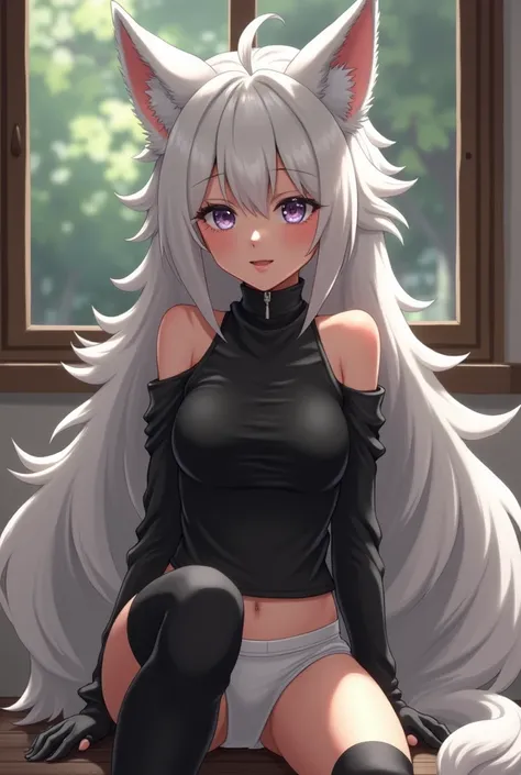 a female furry with wolf cut to the shoulders White fur black long socks to the thighs near the knees and the thighs are going a little out of the socks and black top and white skirk showing a bit of her white underwear and she is sitting 