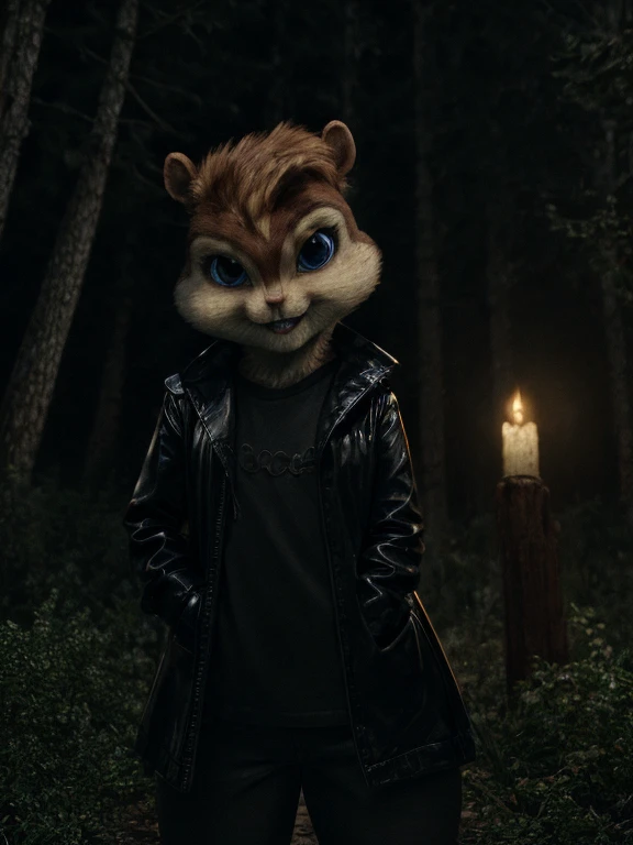 score_9, score_8_up, score_7, score_6, spooky forest, brittany miller, chipmunk, furry, short ears, black shirt, black leather c...