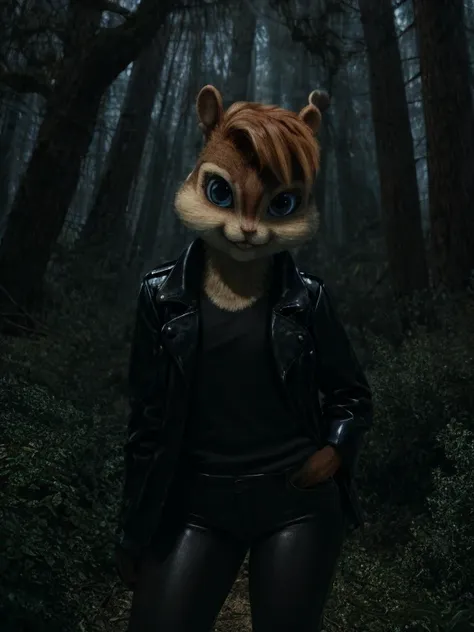 score_9, score_8_up, score_7, score_6, spooky forest, brittany miller, chipmunk, furry, short ears, black shirt, black leather c...