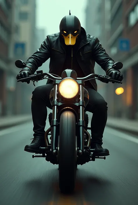 A dark black biker with a duck head, high speed 