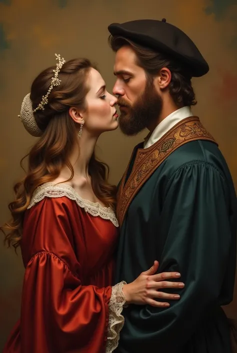 create a couple with a renaissance figure with warm backgrounds