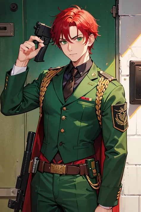 man in his 30s, Mexican, slim build, open muscles, military uniform, green vest, military print, green pants, red hair, military cut, green eyes, skin, tattoo, holding a gun