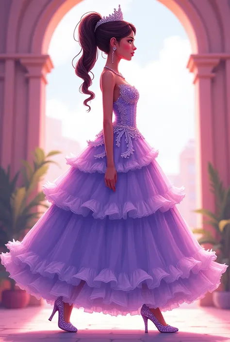 Anime style quinceañera walking in profile with a beautiful and extravagant lilac dress and her feet with glittery needle-point heels showing without a tiara or crown  