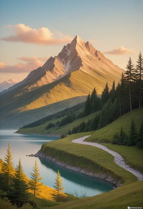 impressive painting of a mountain with trees and water, a detailed painting by petros afshar, shutterstock contest winner, envir...