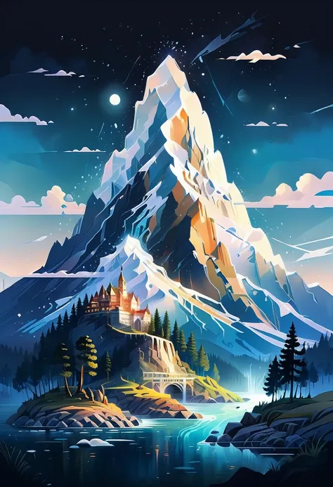 impressive painting of a mountain with trees and water, a detailed painting by Petros Afshar, shutterstock contest winner, environmental art, detailed painting, outlined art, 2d game art, isolated background for logo, strong contours, logo design
