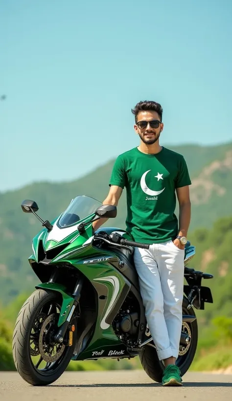 Create an image featuring a 25 year white boy
standing with the hood of a pakistani flag new 
bike having side view,with Pakistan’s scenic background. He’s holding a big flag celebrating Pakistan’s 14th August. The boy wears a green T-shirt with ‘Junaid’ p...