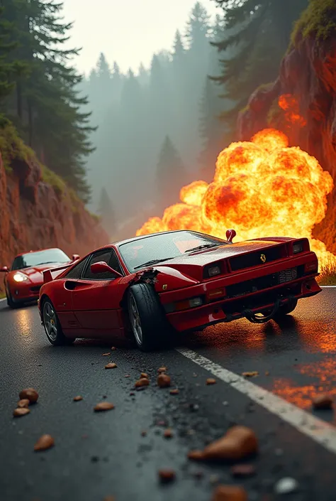 Ferrari overturned and a Dodge Viper passing by and an explosion
