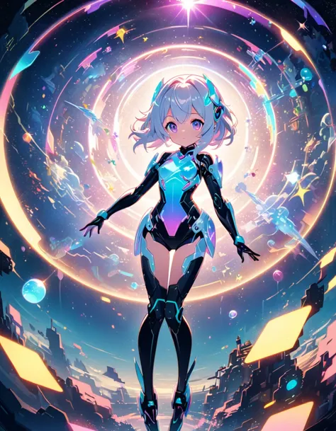 Girl, whimsical sci-fi character design, young protagonist with bionic legs, floating in a kaleidoscopic space, iridescent lighting, sparkles and lens flares, surreal environment, anime aesthetics, hyper-detailed digital art --ar 3:4 --style raw --stylize ...