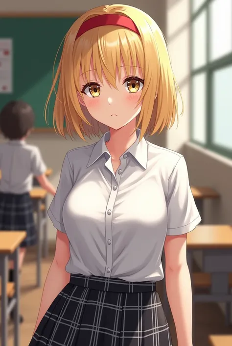 Realistic image of short-haired blonde woman with red headband in school uniform short-sleeved shirt and black and white checkered skirt 