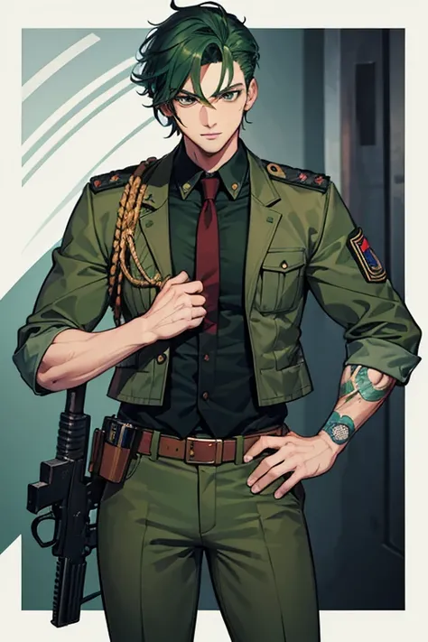 man in his 30s, Mexican, slim build, open muscles, military uniform, green vest, military print, green pants, red hair, military cut, green eyes, skin, tattoo, holding a gun